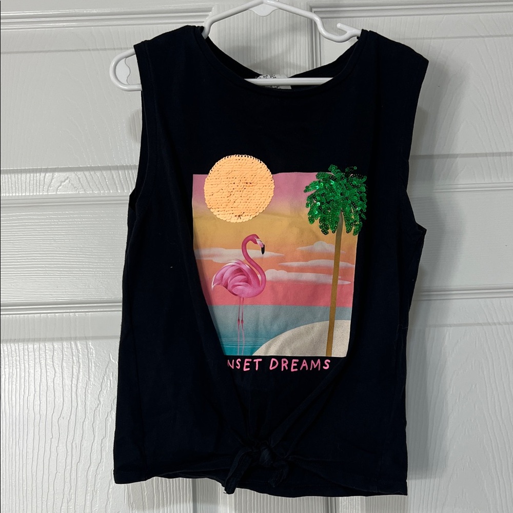 Black Tank Top with Flamingo and Palm Tree Design